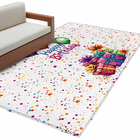 Happy Birthday 3'x5' Washable Rug, Colorful Balloon Gifts Patterns Non-Slip Area Rugs for Entryway Kitchen Classroom, Dorm Throw Carpet, Low Pile Soft Indoor Floor Mat
