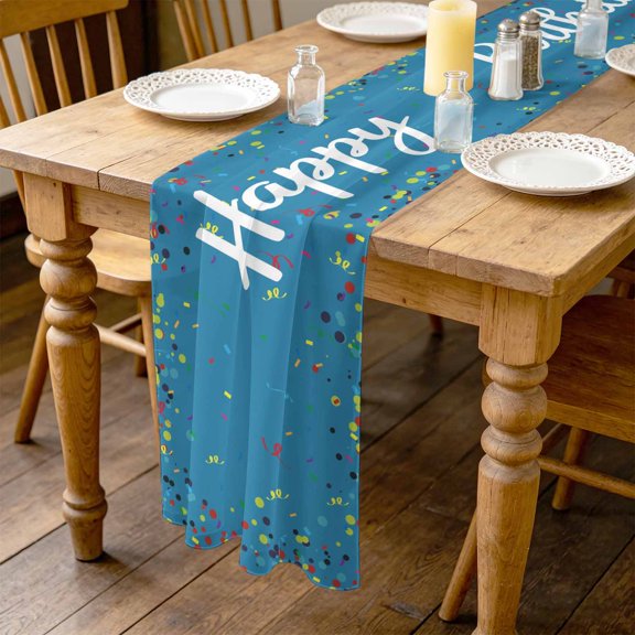 Happy Birthday 4.5ft Cheesecloth Table Runner for Dining 19"x55", Color Ribbon Polka Dot Dark Blue Background Kitchen Dinner Sheer Tulle Chiffon Dresser Scarf, Holiday Party Decorations