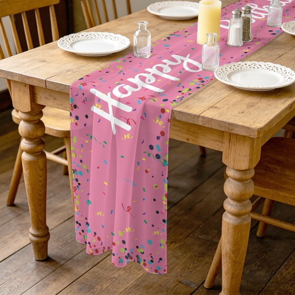 Happy Birthday 4.5ft Cheesecloth Table Runner for Dining 19"x55", Color Ribbon Polka Dot Pink Background Kitchen Dinner Sheer Tulle Chiffon Dresser Scarf, Holiday Party Decorations