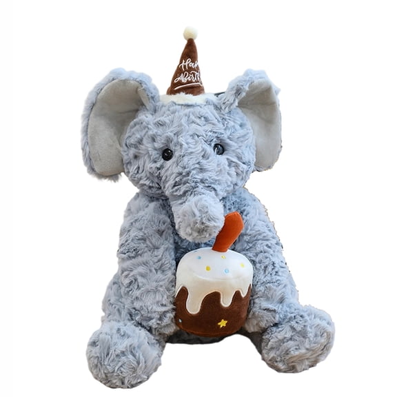 Happy Birthday 40cm Sitting Elephant Plush Toy, Cute Large Stuffed Animal for Birthday Companionship, Comfort Gift, Huggable Doll,Gray