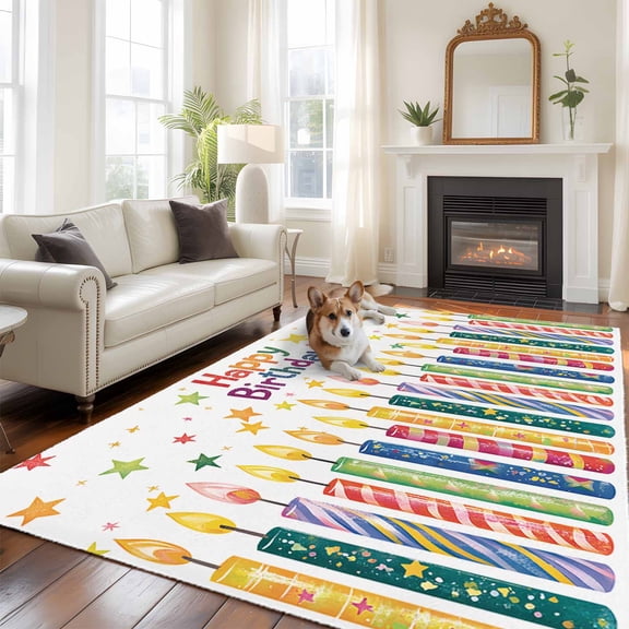 Happy Birthday 5x7 Area Rugs for Living Room, Colorful Candles Pentagram Non Slip Floor Mat Washable Low-Profile Indoor Carpet for Bedroom, Dining Room, Bathroom