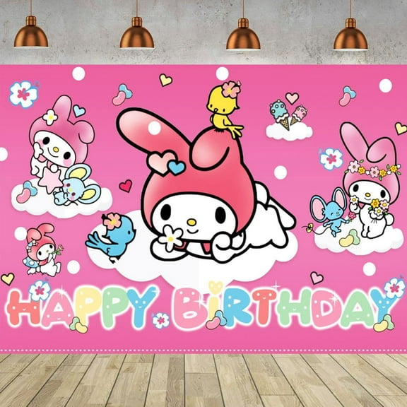 Happy Birthday Anime My Melody Theme Backdrops Banner Birthday Party Decor Supplies,5.9x3.6ft