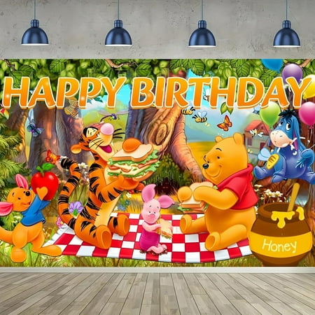 Happy Birthday Anime Winnie the Pooh Theme Backdrops Banner Birthday Party Decor Supplies,5.9x3.6ft