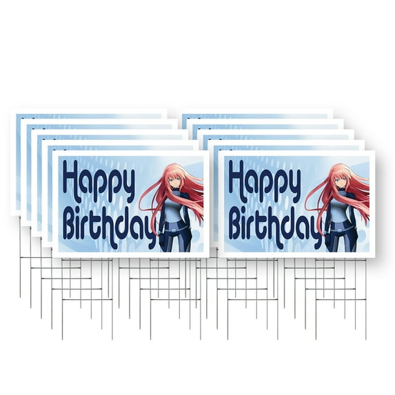 Happy Birthday Anime Yard Sign 10 Pack of 24 Inch x 36 Inch Single Sided Weatherproof Heavy-Duty Plastic with Stake | Celebration Themes, Party Decorations, Fun Designs | Made in USA