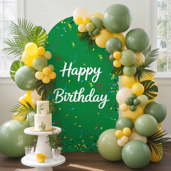 Happy Birthday Arch Backdrop Cover 4 FT, Color Ribbon Polka Dot Grass Green Background Wedding Arch Cover Stretchy Backdrop Stands Covers for Birthday Party Ceremony Banquet Decor
