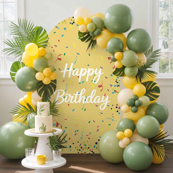 Happy Birthday Arch Backdrop Cover 4 FT, Color Ribbon Polka Dot Yellow Background Wedding Arch Cover Stretchy Backdrop Stands Covers for Birthday Party Ceremony Banquet Decor