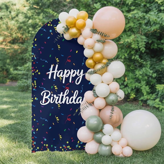 Happy Birthday Arch Backdrop Cover 4 FT, Colorful Ribbons Polka Dots Navy Blue Background Wedding Arch Cover Stretchy Backdrop Stands Covers for Birthday Party Ceremony Banquet Decor