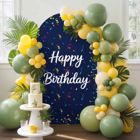 Happy Birthday Arch Backdrop Cover 4 FT, Colorful Ribbons Polka Dots Navy Blue Background Wedding Arch Cover Stretchy Backdrop Stands Covers for Birthday Party Ceremony Banquet Decor