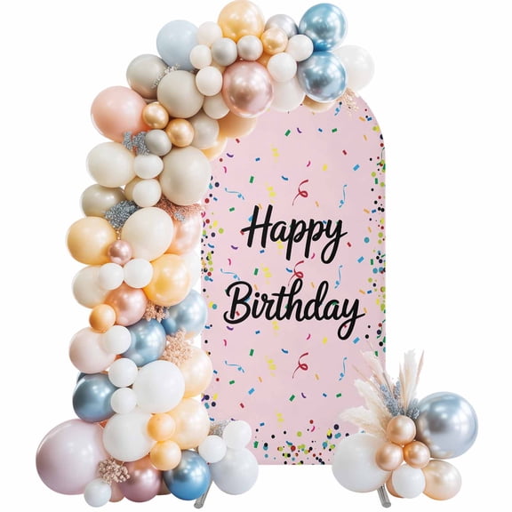 Happy Birthday Arch Backdrop Cover 4 FT Colorful Ribbons Polka Dots Pink Background Stretchy Elastic Arch Stand Covers Spandex Arched Background Birthday Wedding Party Decoration (No Stand)