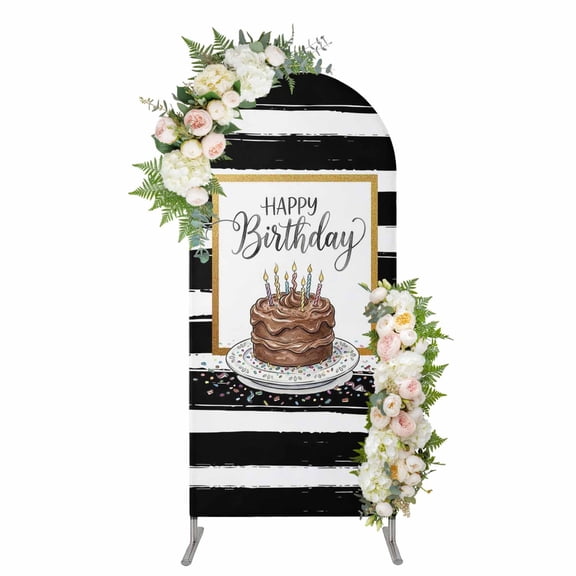 Happy Birthday Arch Backdrop Cover 4FT, Brown Chocolate Cake Candles Farmhouse Plaid Spandex Fitted Stretchy Arch Stand Covers, Round Top Chiara Backdrop Cover for Wedding Party Birthday Baby Shower