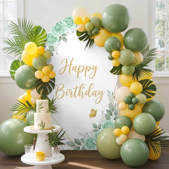 Happy Birthday Arch Backdrop Cover, 4FT, Mint Green Roses Butterfly Spandex Arch Covers Double-Sided Backdrop for Wedding Birthday Party Photo Background Decoration