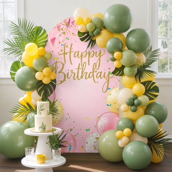 Happy Birthday Arch Backdrop Cover, 4FT, Pink Balloons Flags Ribbons Pink Background Spandex Arch Covers Double-Sided Backdrop for Wedding Birthday Party Photo Background Decoration