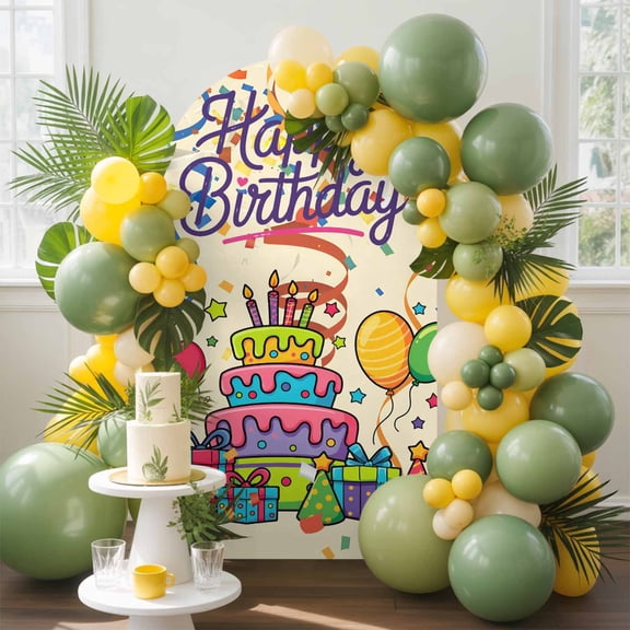 Happy Birthday Arch Backdrop Cover, 4FT, Ribbon Cake Gift Balloon Modern Celebration Spandex Arch Covers Double-Sided Backdrop for Wedding Birthday Party Photo Background Decoration