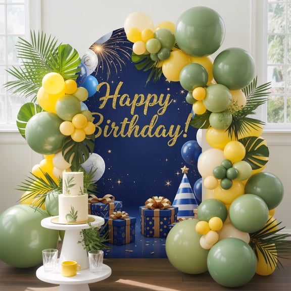 Happy Birthday Arch Backdrop Cover, 4FT, White Blue Balloons Present Fireworks Spandex Arch Covers Double-Sided Backdrop for Wedding Birthday Party Photo Background Decoration