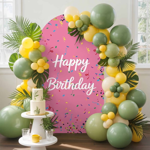 Happy Birthday Arch Backdrop Cover 5 FT, Color Ribbon Polka Dot Pink Background Wedding Arch Cover Stretchy Backdrop Stands Covers for Birthday Party Ceremony Banquet Decor