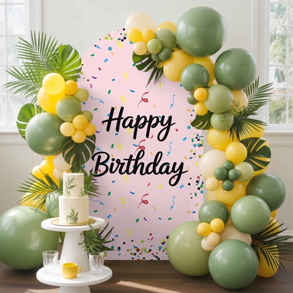 Happy Birthday Arch Backdrop Cover 5 FT, Colorful Ribbons Polka Dots Pink Background Wedding Arch Cover Stretchy Backdrop Stands Covers for Birthday Party Ceremony Banquet Decor