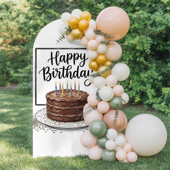 Happy Birthday Arch Backdrop Cover 5 FT, Watercolor Chocolate Cake Colored Candle Candy Wedding Arch Cover Stretchy Backdrop Stands Covers for Birthday Party Ceremony Banquet Decor