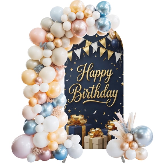 Happy Birthday Arch Backdrop Cover 6.6 FT Gold Navy Blue Balloons Gift Boxes Stretchy Elastic Arch Stand Covers Spandex Arched Background Birthday Wedding Party Decoration (No Stand)
