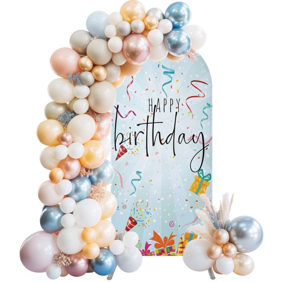 Happy Birthday Arch Backdrop Cover 6.6 FT Ribbons Gift Boxes Balloons Stretchy Elastic Arch Stand Covers Spandex Arched Background Birthday Wedding Party Decoration (No Stand)