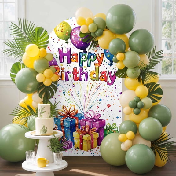 Happy Birthday Arch Backdrop Cover, 6.6FT, Colorful Balloon Polka Dots Present Spandex Arch Covers Double-Sided Backdrop for Wedding Birthday Party Photo Background Decoration