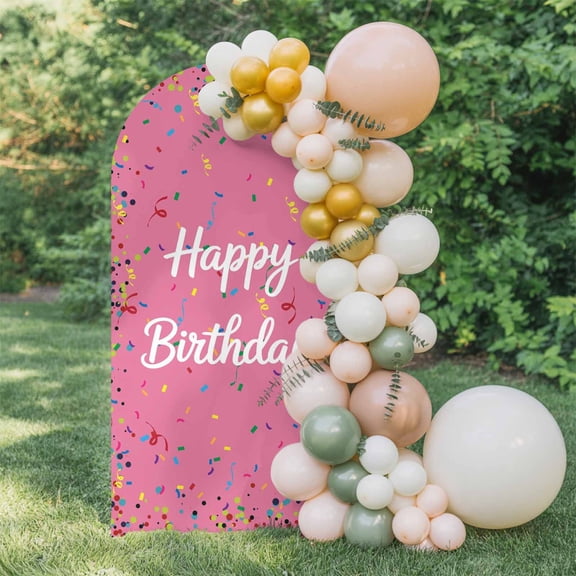 Happy Birthday Arch Backdrop Cover 6 FT, Color Ribbon Polka Dot Pink Background Wedding Arch Cover Stretchy Backdrop Stands Covers for Birthday Party Ceremony Banquet Decor