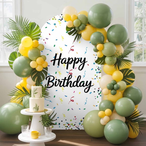 Happy Birthday Arch Backdrop Cover 6 FT, Color Ribbon Polka Dot White Background Wedding Arch Cover Stretchy Backdrop Stands Covers for Birthday Party Ceremony Banquet Decor