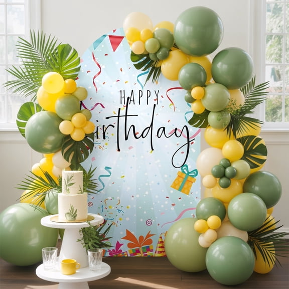 Happy Birthday Arch Backdrop Cover, 6FT, Ribbons Gift Boxes Balloons Spandex Arch Covers Double-Sided Backdrop for Wedding Birthday Party Photo Background Decoration