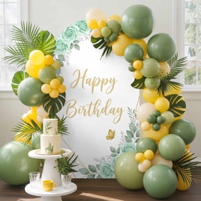 Happy Birthday Arch Backdrop Cover, 7.2FT, Mint Green Roses Butterfly Spandex Arch Covers Double-Sided Backdrop for Wedding Birthday Party Photo Background Decoration
