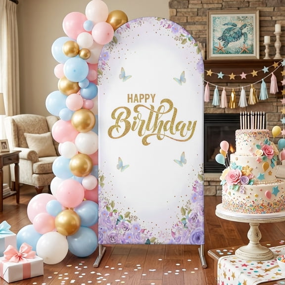 Happy Birthday Arch Backdrop Covers 4 FT, Purple Watercolor Floral Butterfly Stretchy Fitted Arched Stand Covers Party Arch Stand Cover Photo Booth for Wedding Birthday Decor