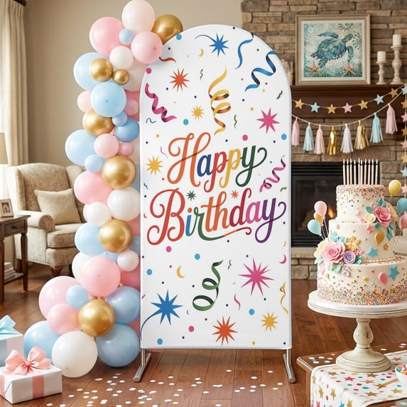 Happy Birthday Arch Backdrop Covers 6 FT, Colorful Ribbons Stretchy Fitted Arched Stand Covers Party Arch Stand Cover Photo Booth for Wedding Birthday Decor