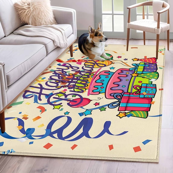 Happy Birthday Area Rugs 3x5 ft Ribbon Cake Gift Balloon Modern Celebration Washable Rug Non Slip Indoor Carpet Absorbent Floor Mat for Living Room Bedroom Dining Room
