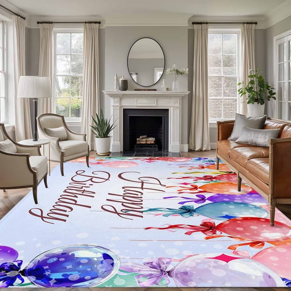 Happy Birthday Area Rugs 8'x10', Washable Small Throw Rugs for Living Room Patio, Colorful Balloons Bow Gradient Modern Purple Indoor Outdoor Rug Non-Slip Low Pile Carpet Runner Reversible Floor Mats