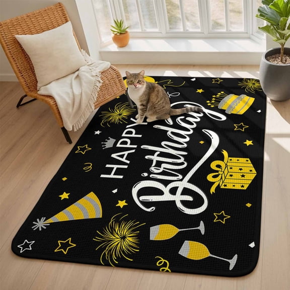 Happy Birthday Area Rugs for Living Room 5x6, Cake Firwoks Black Washable Area Rug with Non Slip Backing, Stain Resist Linen Carpet for Bedroom, Dining Room, Entryway, Entrance
