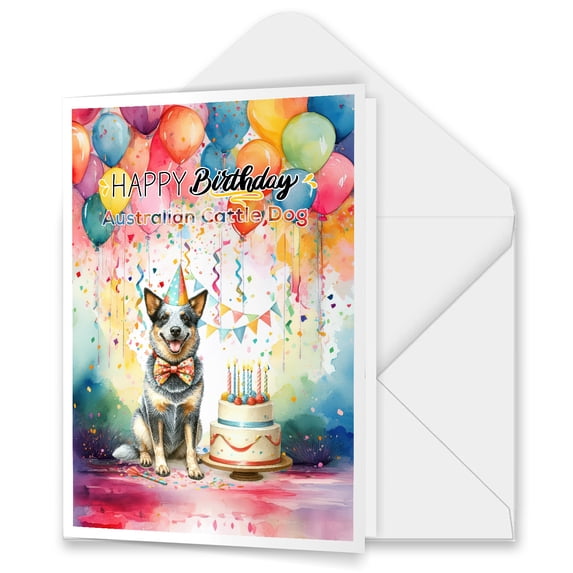 Happy Birthday to Australian Cattle Dog Kitten Party Balloons Cake 5x7in Folded Greeting Card Heeler Lover Gifts Single Note Card with Envelope - 00027