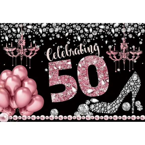 Happy Birthday Backdrop 50th Lady Women Birthday Party Decoration Banner Diamond Heels Sparkling Pink Balloon Pearl Photography Background Photo Booth Prop