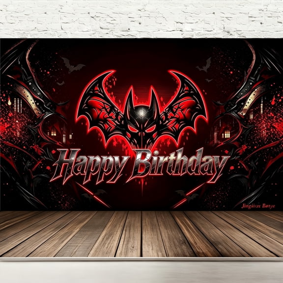 Happy Birthday Backdrop 71x43in, Gothic Dark Bat Red Black Superhero City Photo Booth Banner, Polyester Fabric, Hemmed Edges with Grommets, Free Hanging Rope for Kids Men Birthday Party Decor