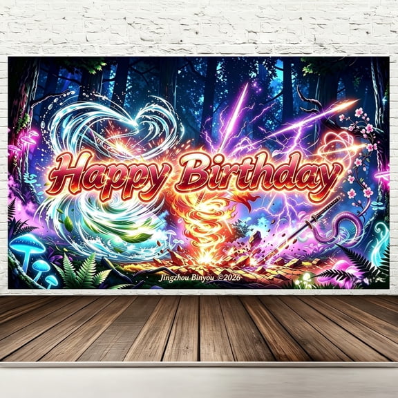 Happy Birthday Backdrop Banner, 71 x 43 Inch Anime Birthday Party Decorations,Fantasy Battle Elemental Powers Photography Background for Kids Indoor Outdoor Party Supplies