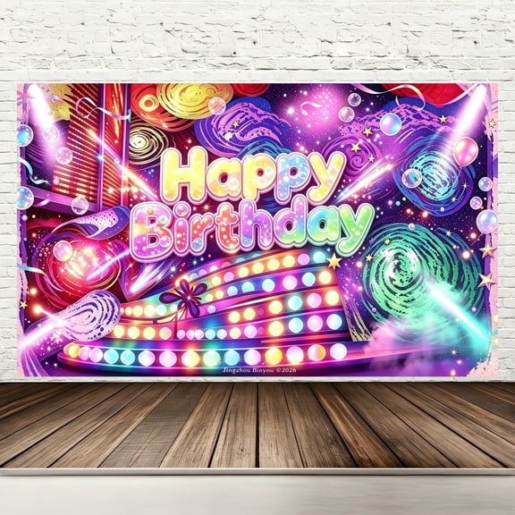 Happy Birthday Backdrop Banner, 71 x 43 Inch Colorful Emotions Mind Birthday Party Decorations, Glowing Memory Orbs Control Panel Imagination Photography Background for Kids Outdoor Party Supplies