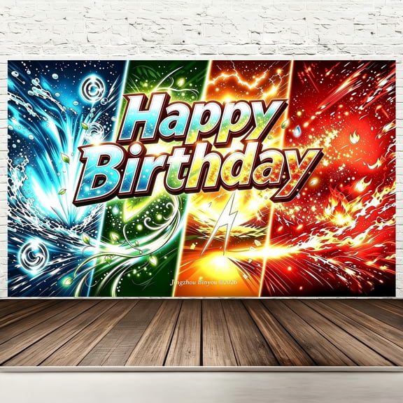 Happy Birthday Backdrop Banner, 71 x 43 Inch Elemental Powers Fire Water Grass Electric Birthday Party Decorations, Anime Monster Battle Gamer Photography Background for Kids Outdoor Party Supplies