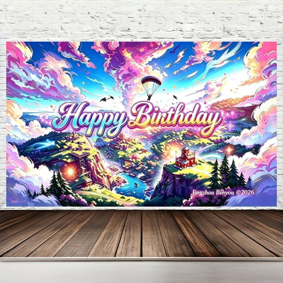 Happy Birthday Backdrop Banner, 71 x 43 Inch Extra Large Polyester Gamer Battle Royale Birthday Party Decorations, Gaming Sky Diving Island Photography Background for Indoor Outdoor Party Supplies