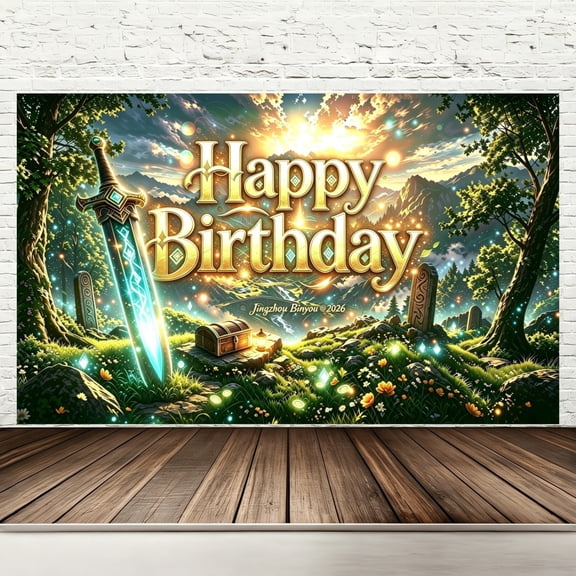 Happy Birthday Backdrop Banner, 71 x 43 Inch Fantasy Adventure Birthday Party Decorations, Enchanted Forest Treasure Chest Gamer RPG Photography Background for Kids Outdoor Party Supplies
