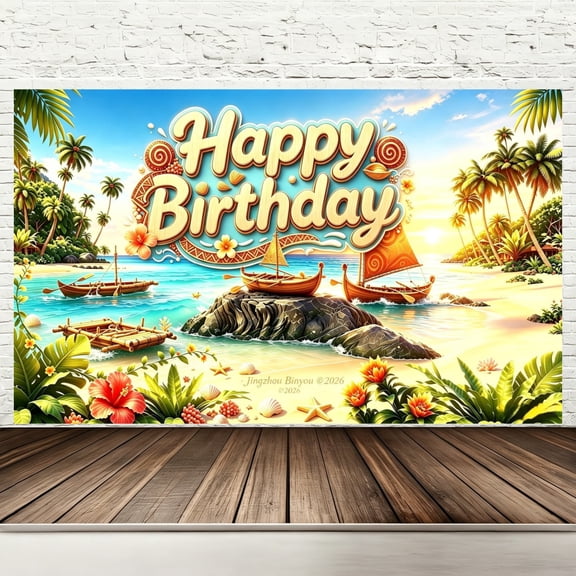 Happy Birthday Backdrop Banner, 71 x 43 Inch Hawaiian Luau Tropical Beach Birthday Party Decorations, Polynesian Island Adventure Canoe Photography Background for Kids Indoor Outdoor Party Supplies
