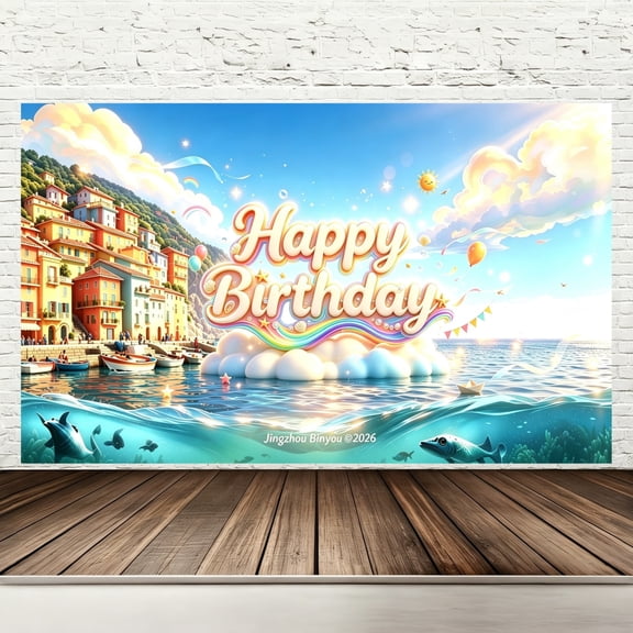 Happy Birthday Backdrop Banner, 71 x 43 Inch Italian Riviera Seaside Town Birthday Party Decorations, Mediterranean Summer Vacation Coastal Photography Background for Kids Outdoor Party Supplies