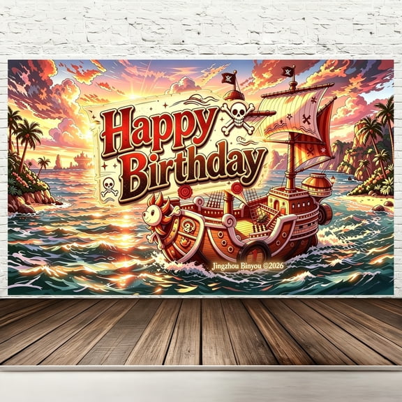 Happy Birthday Backdrop Banner, 71 x 43 Inch Pirate Ship Nautical Adventure Birthday Party Decorations, Anime Skull Treasure Hunt Ocean Photography Background for Kids Indoor Outdoor Party Supplies