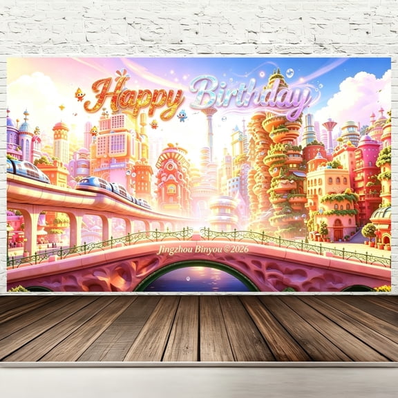 Happy Birthday Backdrop Banner, 71 x 43 Inch Polyester Four Elements Fire Water Birthday Party Decorations, Fantasy Magical Colorful City Photography Background for Kids Indoor Outdoor Party Supplies