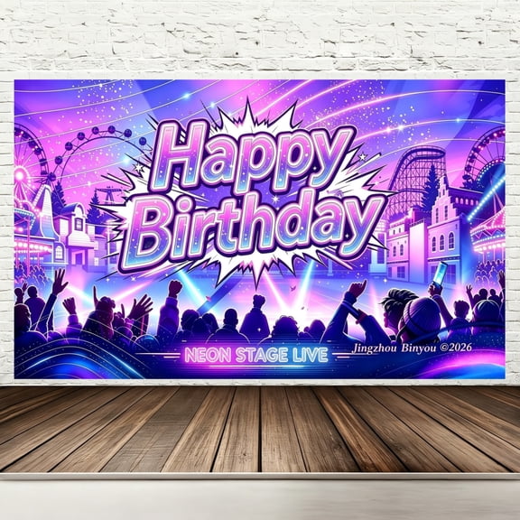 Happy Birthday Backdrop Banner, 71 x 43 Inch Polyester Neon Concert Birthday Party Decorations, Girl Group Pop Star Amusement Park Photography Background for Kids Indoor Outdoor Party Supplies