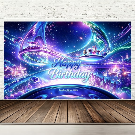 Happy Birthday Backdrop Banner, 71 x 43 Inch Polyester Outer Space Alien UFO Birthday Party Decorations, Galaxy Cosmic Adventure Photography Background for Kids Indoor Outdoor Party Supplies
