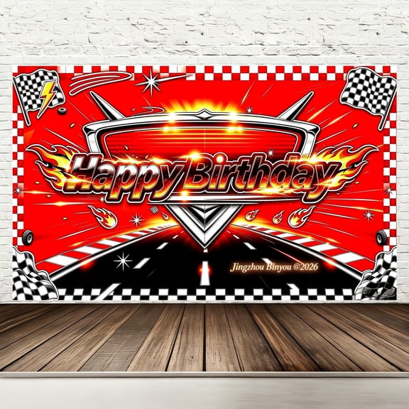 Happy Birthday Backdrop Banner, 71 x 43 Inch Polyester Race Car Racing Birthday Party Decorations, Checkered Flag Speed Flame Race Track Photography Background for Boys Indoor Outdoor Party Supplies