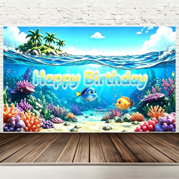 Happy Birthday Backdrop Banner, 71 x 43 Inch Polyester Under the Sea Ocean Birthday Party Decorations, Clownfish Coral Reef Tropical Fish Photography Background for Kids Indoor Outdoor Party Supplies
