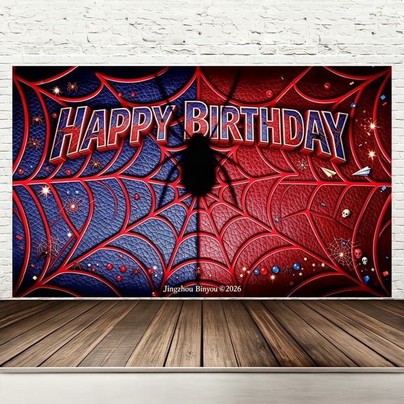 Happy Birthday Backdrop Banner, 71 x 43 Inch Polyester Superhero Spider Web Birthday Party Decorations, Red Blue Comic Book Super Power Photography Background for Kids Indoor Outdoor Party Supplies